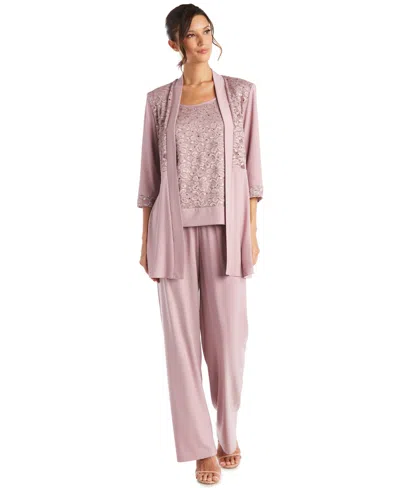 R & M Richards Petite Round Neck Top, Jacket & Pants, 3-piece Set In Purple