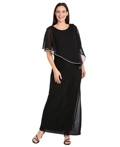 R & M Richards Petite Scoop Neck Rhinestone Poncho Gown In Black