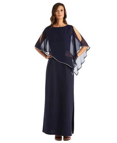 R & M Richards Petite Scoop Neck Rhinestone Poncho Gown In Navy
