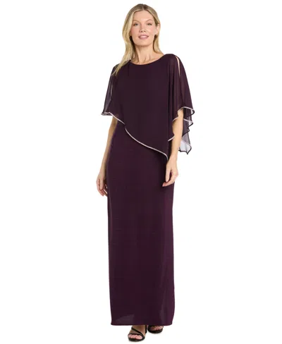 R & M Richards Petite Scoop Neck Rhinestone Poncho Gown In Burgundy