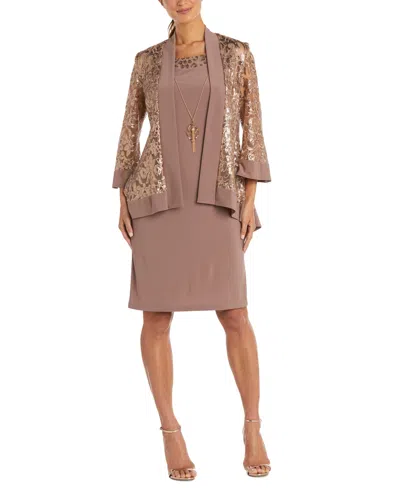 R & M Richards Petite Sequined Jacket & Necklace Dress In Rose Gold