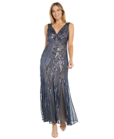 R & M Richards Petite Sequinned-pattern Evening Gown In Blue