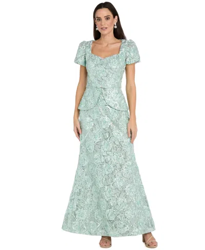 R & M Richards Petite Soutache Puff-sleeve Ball Gown In Green
