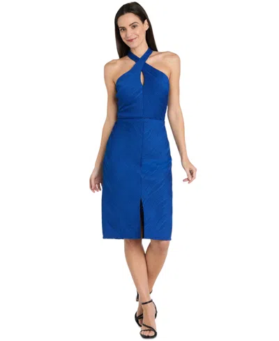 R & M Richards Petite Textured Halterneck Midi Dress In Royal