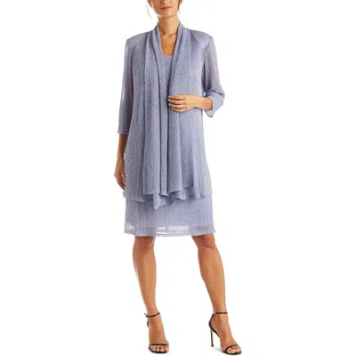 R & M Richards Petites Womens Crinkled Metallic Dress With Jacket In Blue