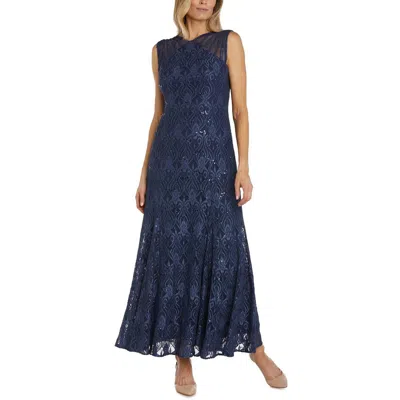R & M Richards Petites Womens Lace Long Evening Dress In Blue