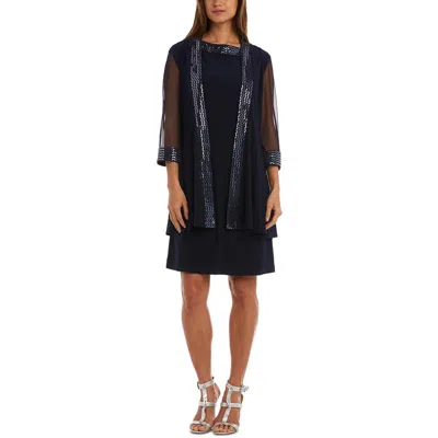 R & M Richards Petites Womens Mesh Embellished Duster Blazer In Blue
