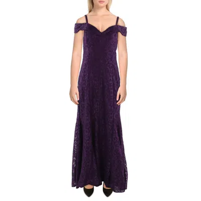 R & M Richards Petites Womens Off-the-shoulder Lace Evening Dress In Purple