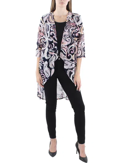 R & M Richards Petites Womens Open Front Textured Duster Blazer In Navy Pink