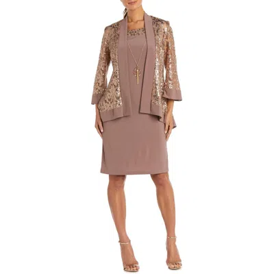 R & M Richards Petites Womens Sequined Nylon Two Piece Dress In Brown