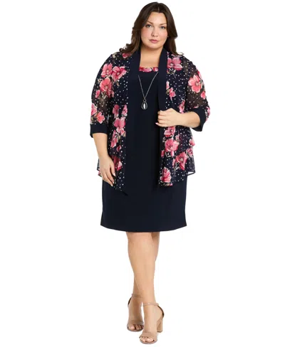 R & M Richards Plus Size 2.pc Jewelry Contrast-trim Sheath Dress & Floral 3/4-sleeve Jacket In Navy Rose