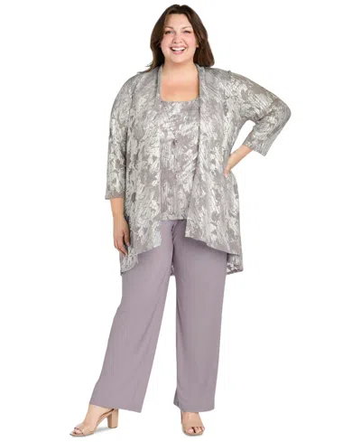 R & M Richards Plus Size 3-pc. Embellished Jacket, Necklace Top & Pant Set In Gray