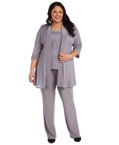 R & M Richards Plus Size 3-pc. Metallic Jacket, Metallic Necklace Top & Pants Set In Purple