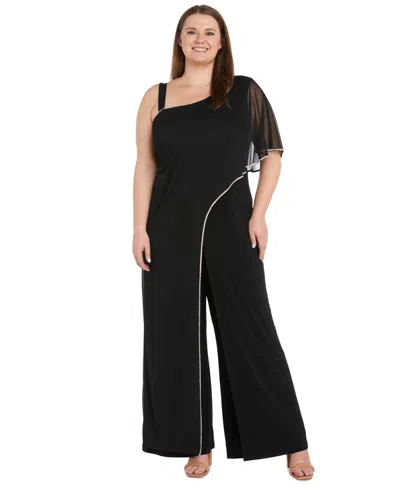 R & M Richards Plus Size Asymmetric-neck Overlay Jumpsuit In Black