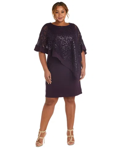 R & M Richards Plus Size Asymmetric Sequined-overlay Dress In Plum