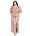 R & M Richards Plus Size Beaded Flutter-sleeve Slit Gown