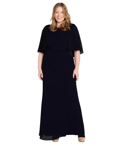 R & M Richards Plus Size Cape-sleeve Embellished-waist Gown