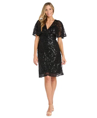 R & M Richards Plus Size Cape-sleeve Sequin Empire-waist Dress In Black
