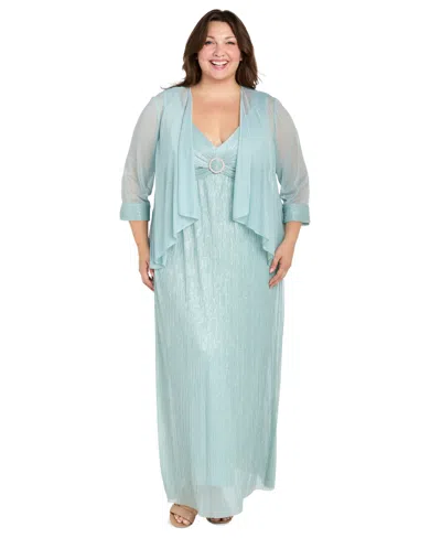 R & M Richards Plus Size Crinkle Jacket & Gown Set In Seafoam