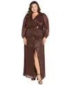 R & M Richards Plus Size Crinkle Pleated Long Sleeve Ruffle Cascade Dress In Brown