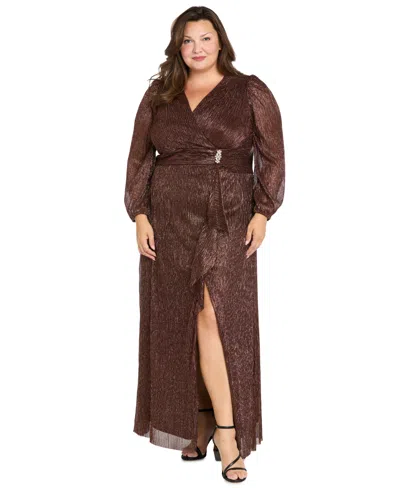 R & M Richards Plus Size Crinkle Pleated Long Sleeve Ruffle Cascade Dress In Brown