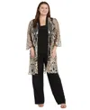 R & M Richards Plus Size Embroidered Duster Jacket, Tank And Pants 3-pc. Set In Black,gold