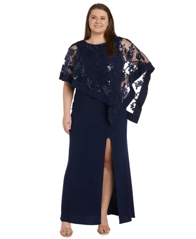 R & M Richards Plus Size Embroidered Sequin Lace Poncho Gown In Blue