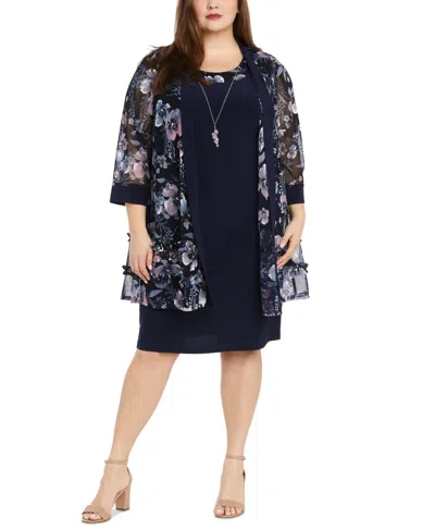 R & M Richards Plus Size Floral Mesh Jacket And Contrast-trim Sleeveless Dress In Navy,pink