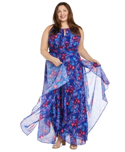 R & M Richards Plus Size Floral-print Ruffled Maxi Dress In Royal