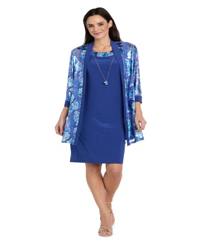 R & M Richards Plus Size Foil Print Jacket Dress In Blue