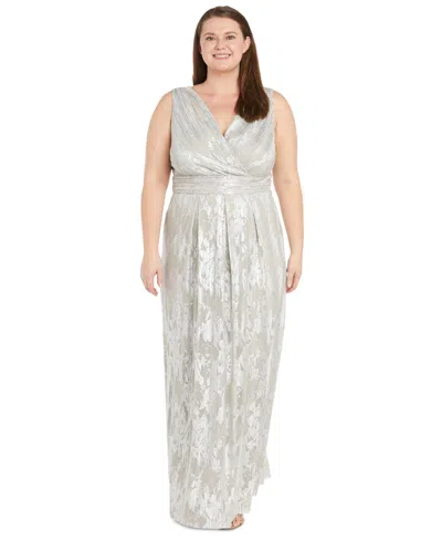R & M Richards Plus Size Jacquard Embellished Pleated Gown In Champagne