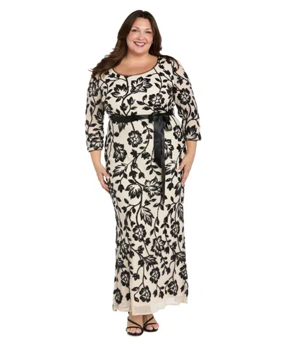 R & M Richards Plus Size Long Floral Embroidered Dress In Brown