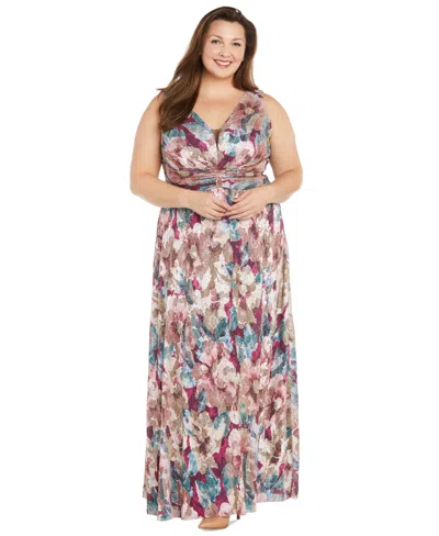 R & M Richards Plus Size Metallic Floral Maxi Dress In Rose