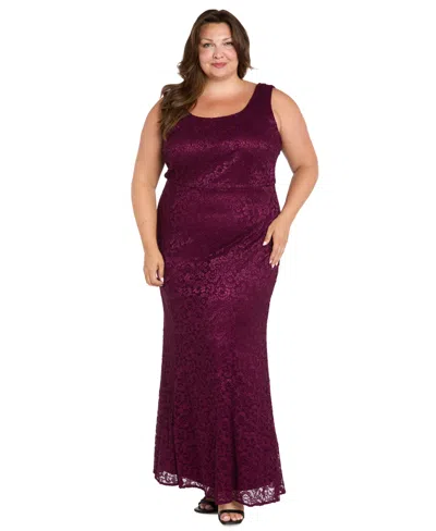 R & M Richards Plus Size Metallic Lace Jacket And Dress In Burgundy