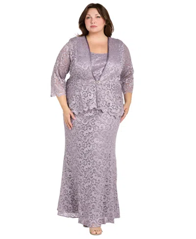 R & M Richards Plus Size Metallic Lace Jacket And Dress In Purple