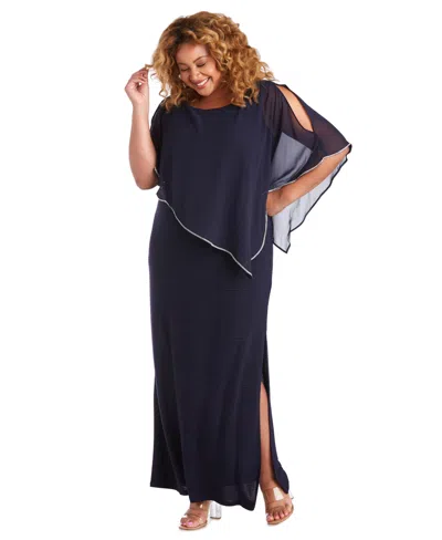 R & M Richards Plus Size Metallic Stripe Rhinestone Trim Poncho Dress In Blue