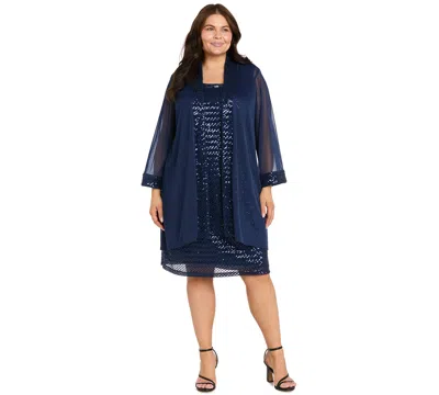 R & M Richards Plus Size Mix Media Sequin Detail Jacket Dress In Blue