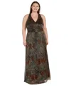 R & M Richards Plus Size Pleated Metallic Halter Gown In Bronze