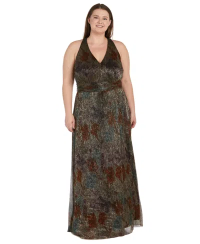 R & M Richards Plus Size Pleated Metallic Halter Gown In Bronze