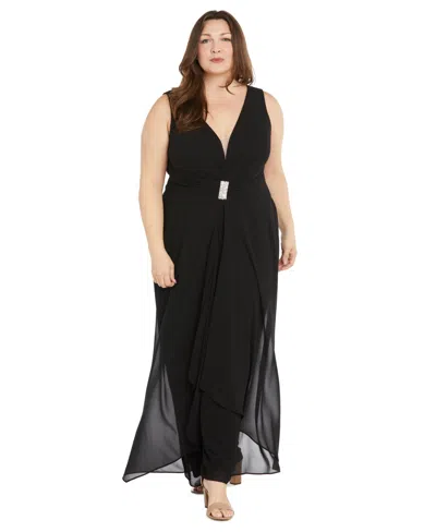 R & M Richards Plus Size Plunge-neck Chiffon Jumpsuit In Black
