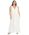 R & M Richards Plus Size Plunge-neck Chiffon Jumpsuit In Ivory