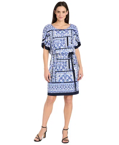 R & M Richards Plus Size Printed Blouson A-line Dress In White Denim
