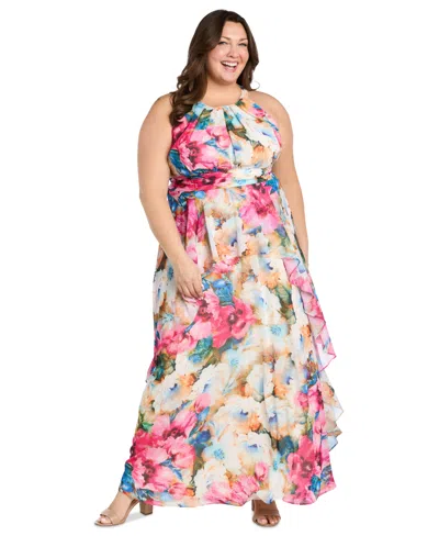 R & M Richards Plus Size Printed Halter-neck Sleeveless Gown