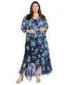 R & M Richards Plus Size Printed Handkerchief-hem Dress And Jacket In Navy,periwinkle