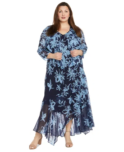 R & M Richards Plus Size Printed Handkerchief-hem Dress And Jacket In Navy,periwinkle