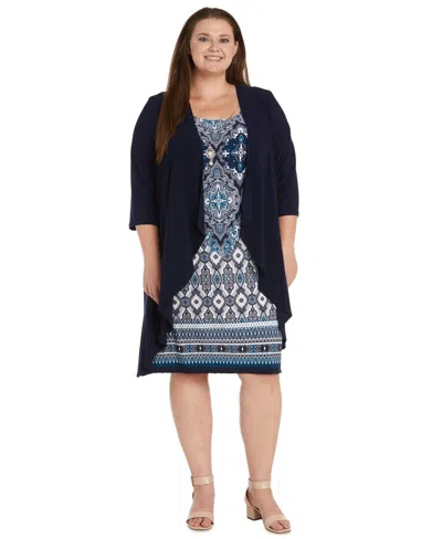 R & M Richards Plus Size Printed Jacket Dress In Blue