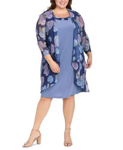 R & M Richards Plus Size Printed Mesh Jacket & Necklace Dress In Cadet Periwinkle