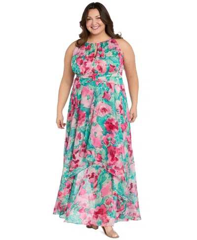 R & M RICHARDS PLUS SIZE PRINTED OVERLAY-SKIRT MAXI DRESS
