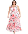 R & M Richards 3450w Long Printed Plus Size Maxi Dress In Pink