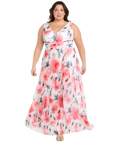 R & M Richards Plus Size Printed Ruched-waist Pleated Dress In Coral,ivory
